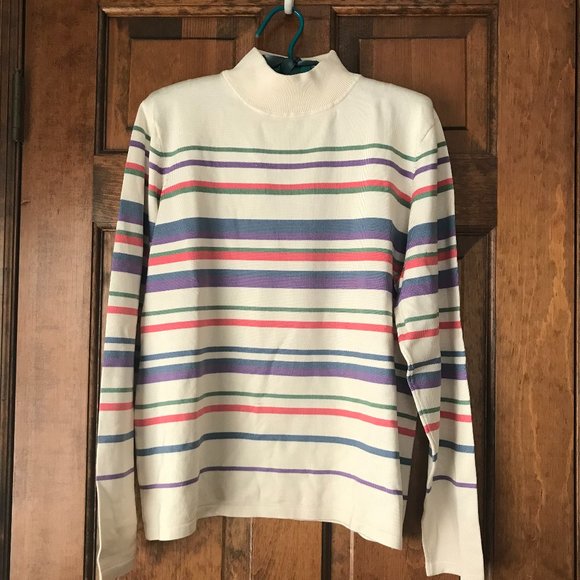 Pendleton Sweaters - Pendleton Ivory w/Green, Purple, Pink & Blue Stripes Silk Blend Turtleneck Large